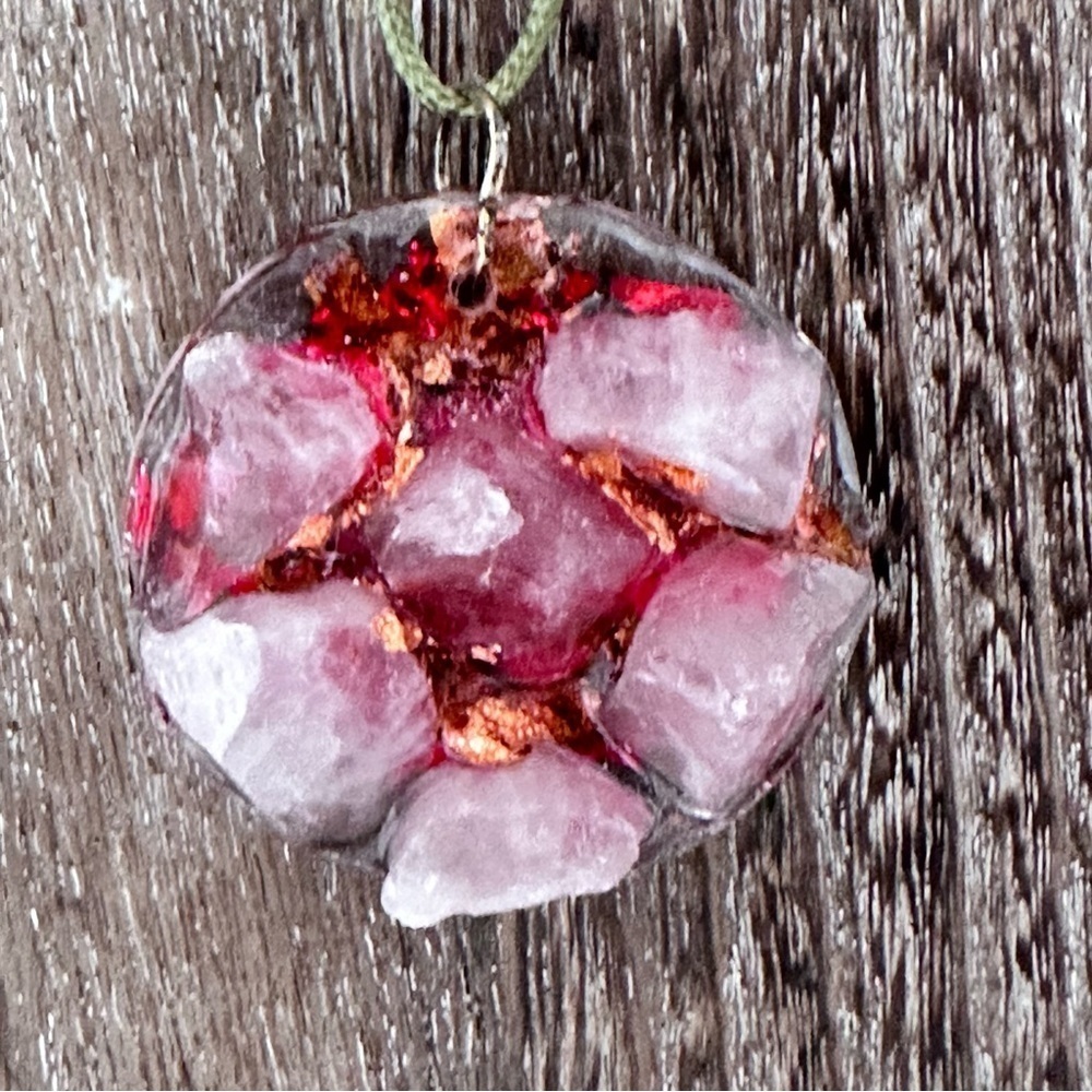 Hand Crafted 
Medallion Pendant Rose Quartz Resin Handmade OOAK, Necklace 4273